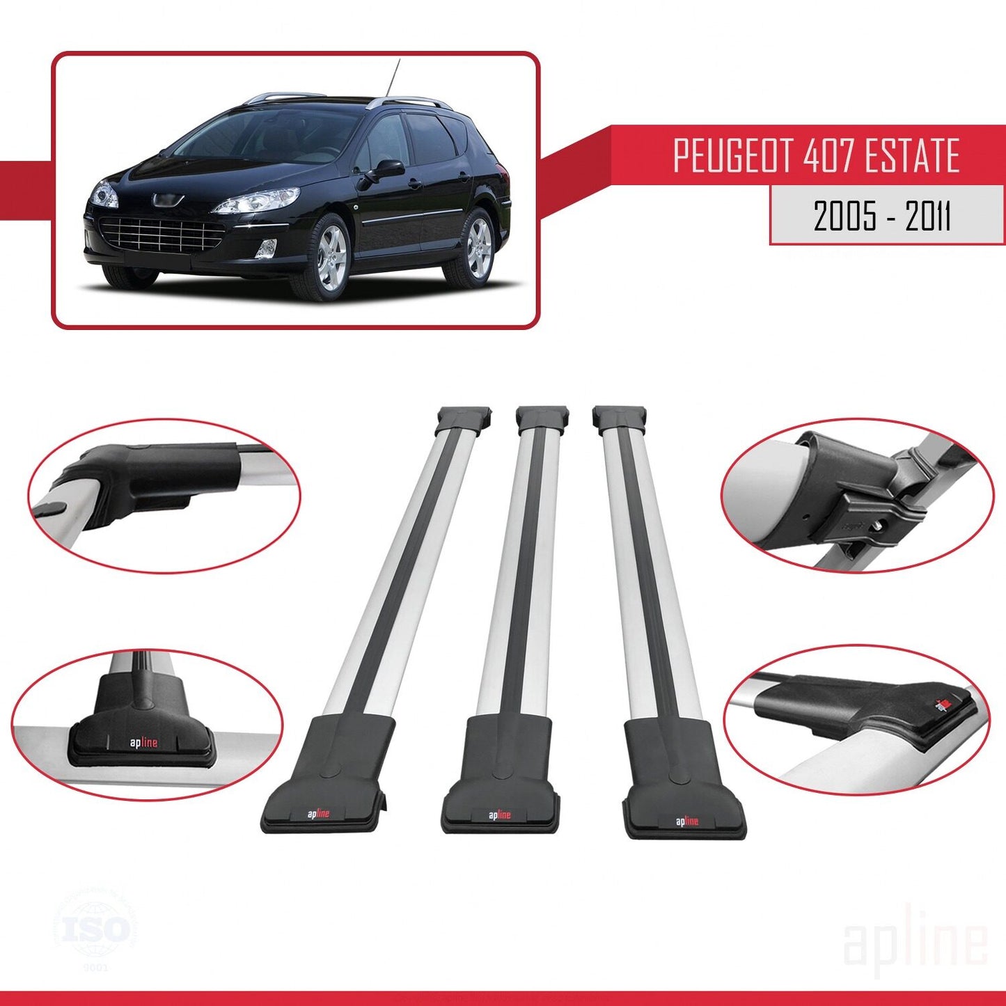 Compatible with Peugeot 407 SW 2005-2011 FLY Model Car Roof Rack Cross Bar Grey Aluminium 3 Bars