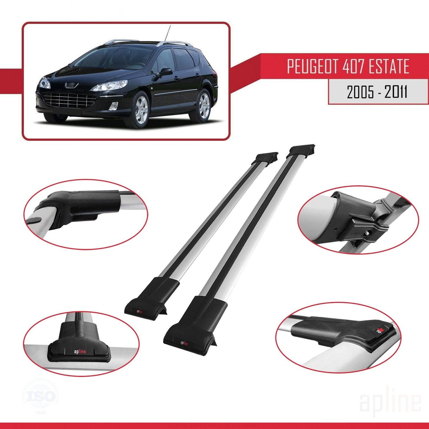 Compatible with Peugeot 407 SW 2005-2011 FLY Model Car Roof Rack Cross Bar Grey Aluminium 2 Bars