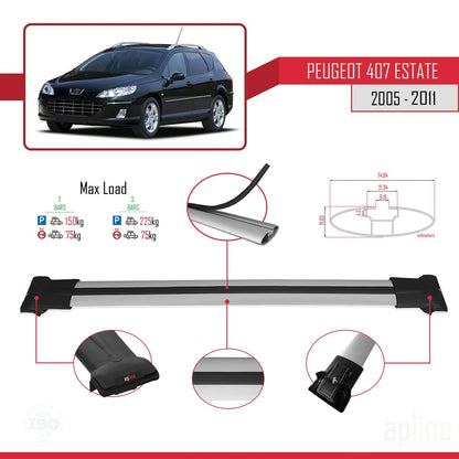 Compatible with Peugeot 407 SW 2005-2011 FLY Model Car Roof Rack Cross Bar Grey Aluminium 2 Bars