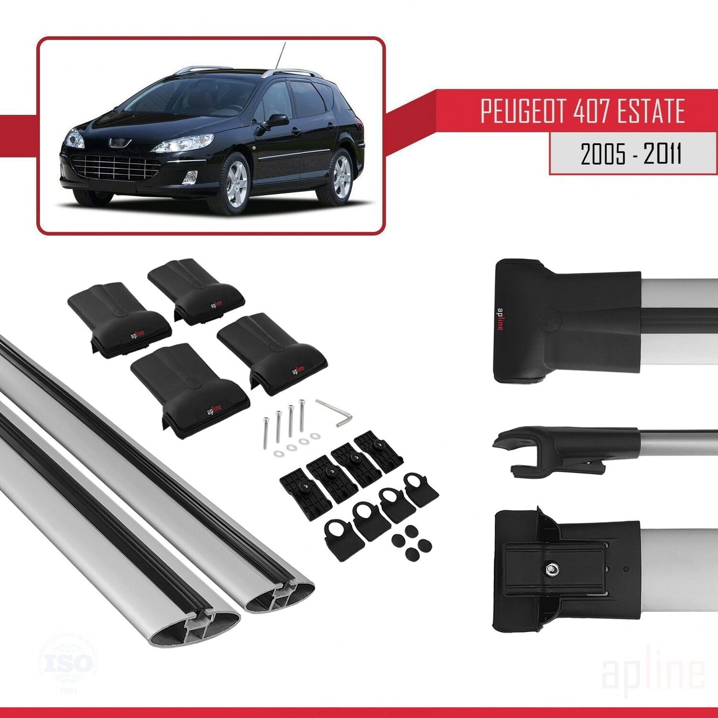 Compatible with Peugeot 407 SW 2005-2011 FLY Model Car Roof Rack Cross Bar Grey Aluminium 2 Bars