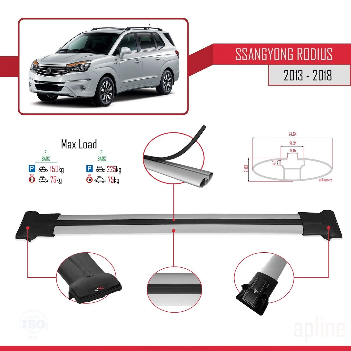 Compatible with Ssangyong Rodius 2 2013-2018 FLY Model Car Roof Rack Cross Bar Grey Aluminium 2 Bars