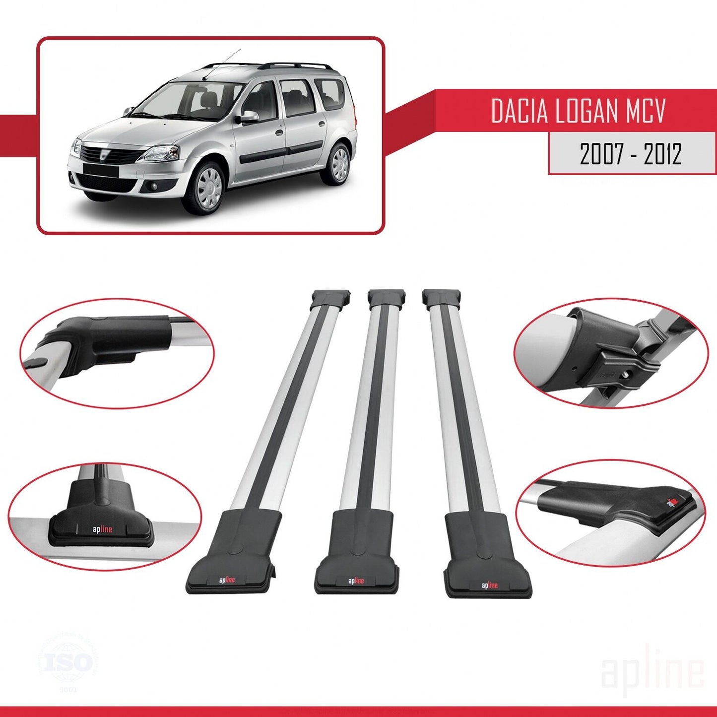 Compatible with Dacia Logan 2 MCV (K52) 2007-2012 FLY Model Car Roof Rack Cross Bar Grey Aluminium 3 Bars