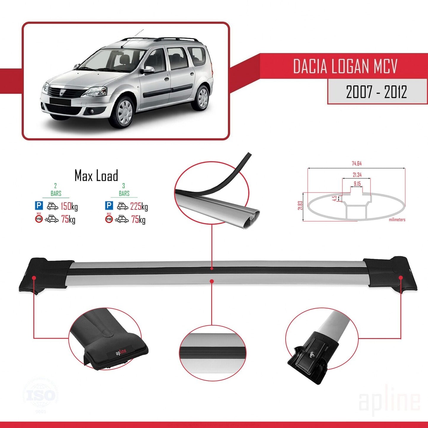 Compatible with Dacia Logan 2 MCV (K52) 2007-2012 FLY Model Car Roof Rack Cross Bar Grey Aluminium 2 Bars