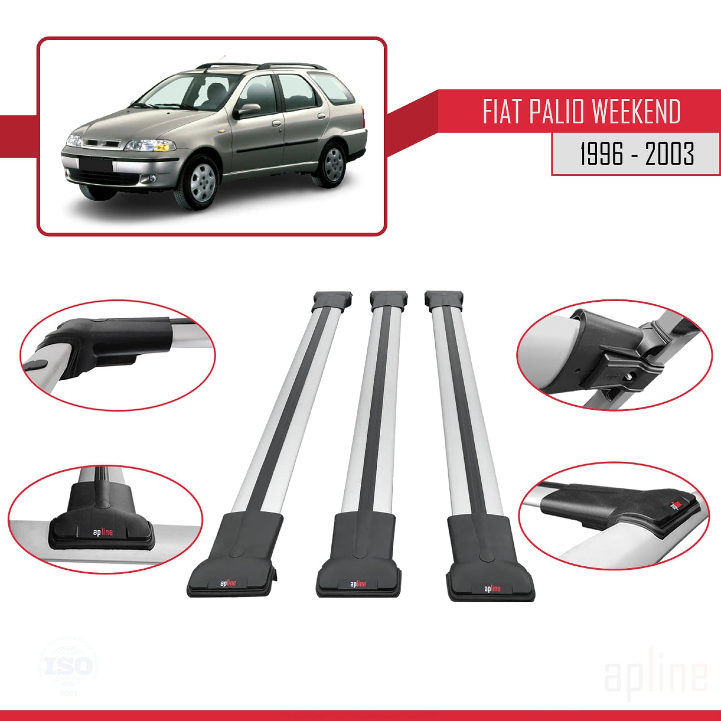 Compatible with Fiat Palio (178) Weekend 1996-2003 FLY Model Car Roof Rack Cross Bar Grey Aluminium 3 Bars