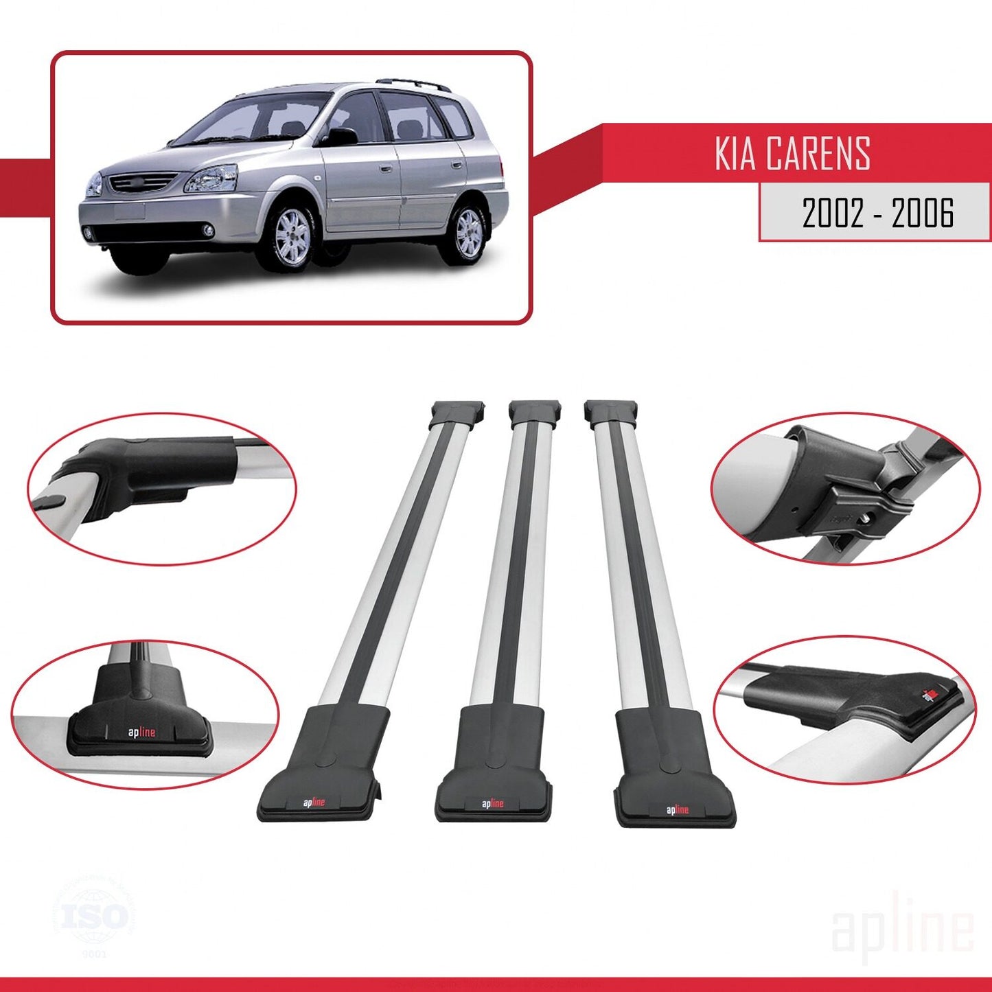 Compatible with Kia Carens Post-Facelift 2002-2006 FLY Model Car Roof Rack Cross Bar Grey Aluminium 3 Bars