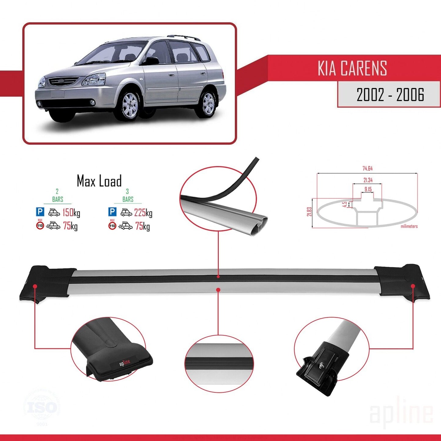 Compatible with Kia Carens Post-Facelift 2002-2006 FLY Model Car Roof Rack Cross Bar Grey Aluminium 2 Bars