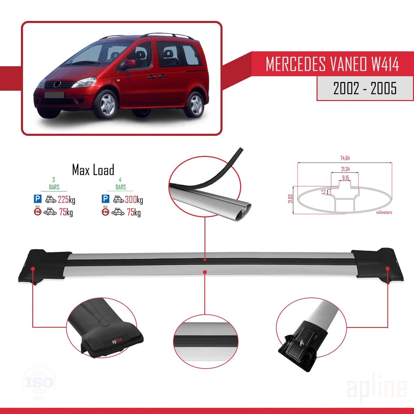 Compatible with Mercedes Vaneo (W414) 2002-2005 FLY Model Car Roof Rack Cross Bar Grey Aluminium 3 Bars