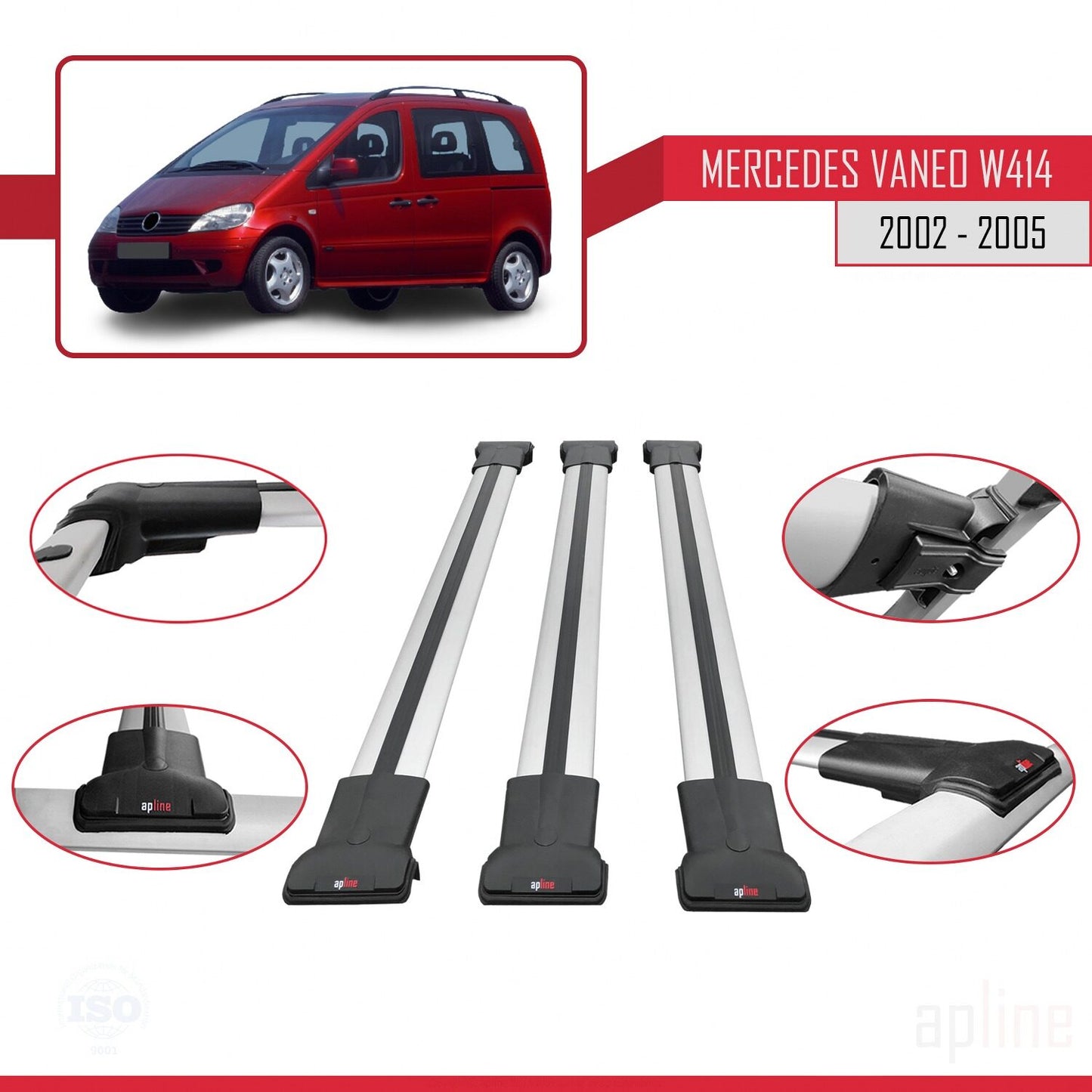 Compatible with Mercedes Vaneo (W414) 2002-2005 FLY Model Car Roof Rack Cross Bar Grey Aluminium 3 Bars