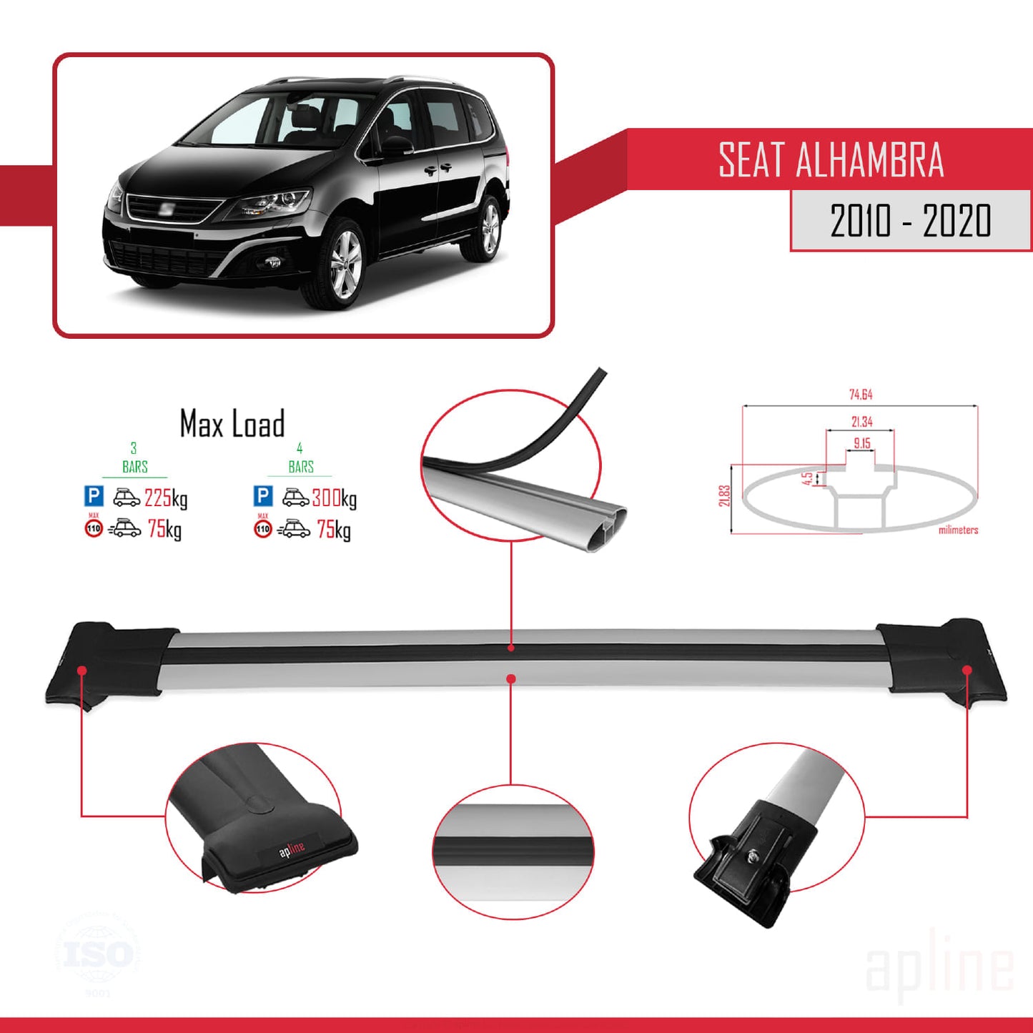 Compatible with Seat Alhambra 2 (7N) 2010-2020 FLY Model Car Roof Rack Cross Bar Grey Aluminium 3 Bars