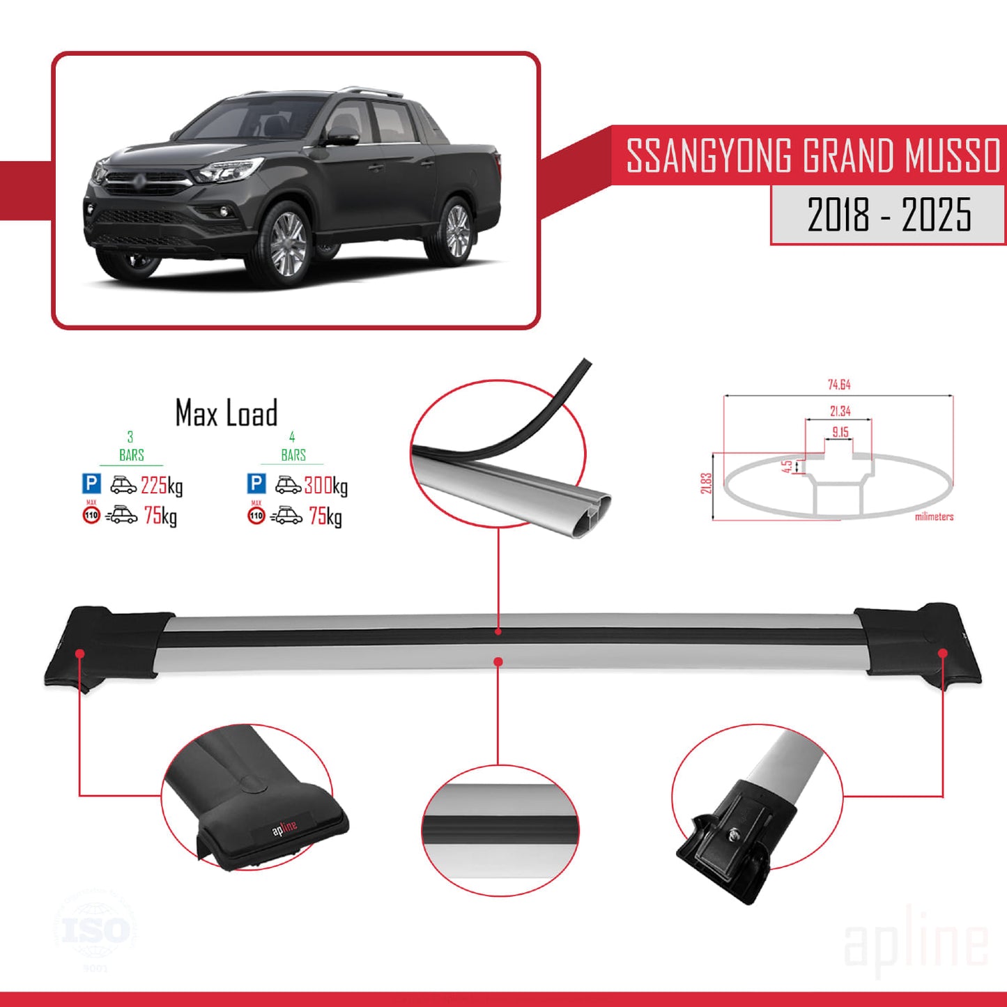 Compatible with Ssangyong Grand Musso 2018-2025 FLY Model Car Roof Rack Cross Bar Grey Aluminium 3 Bars