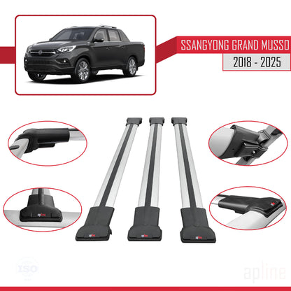 Compatible with Ssangyong Grand Musso 2018-2025 FLY Model Car Roof Rack Cross Bar Grey Aluminium 3 Bars