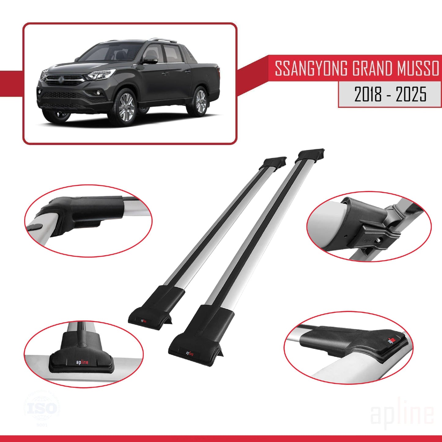 Compatible with Ssangyong Grand Musso 2018-2025 FLY Model Car Roof Rack Cross Bar Grey Aluminium 2 Bars