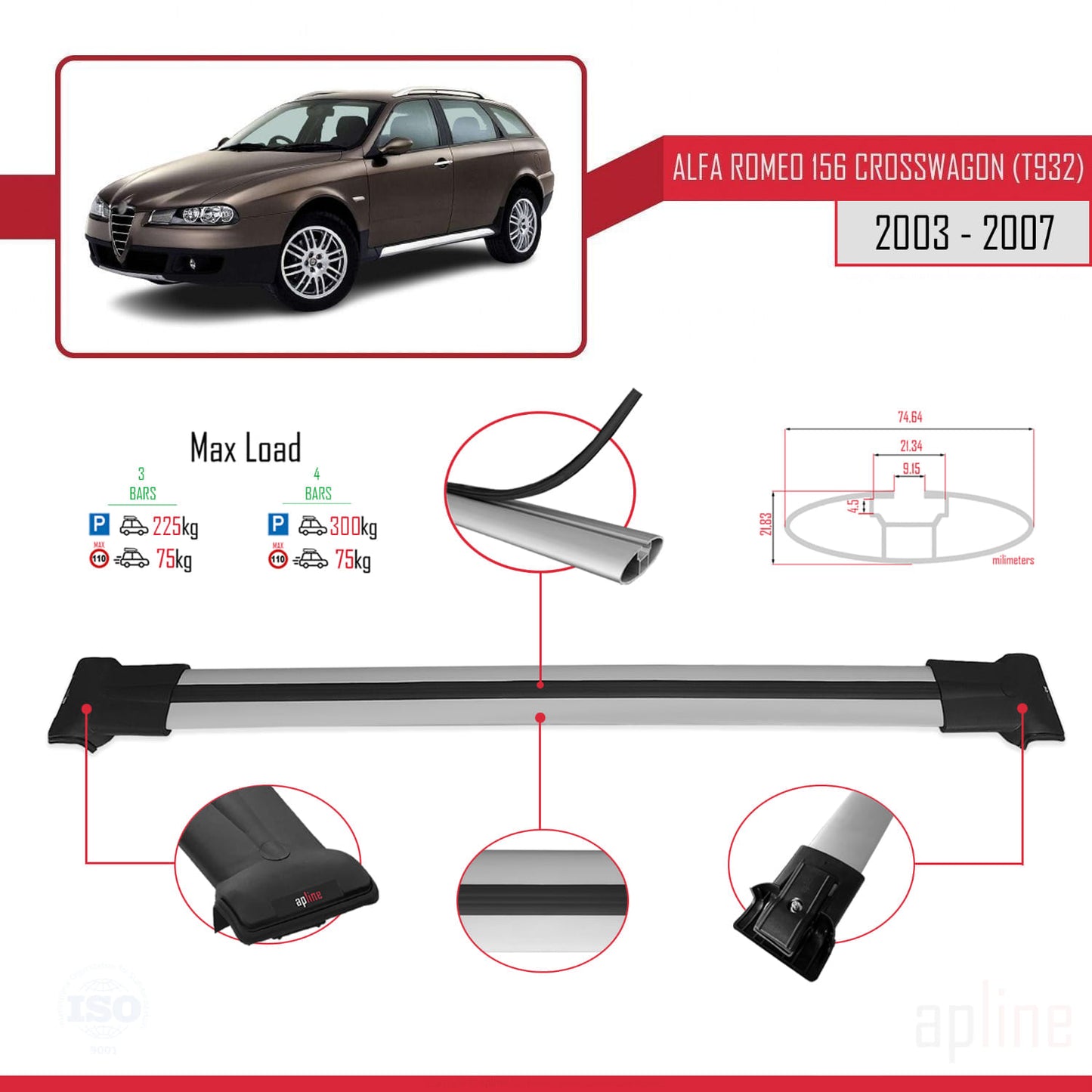 Compatible with Alfa Romeo 156 (T932) Crosswagon 2003-2007 FLY Model Car Roof Rack Cross Bar Grey Aluminium 3 Bars