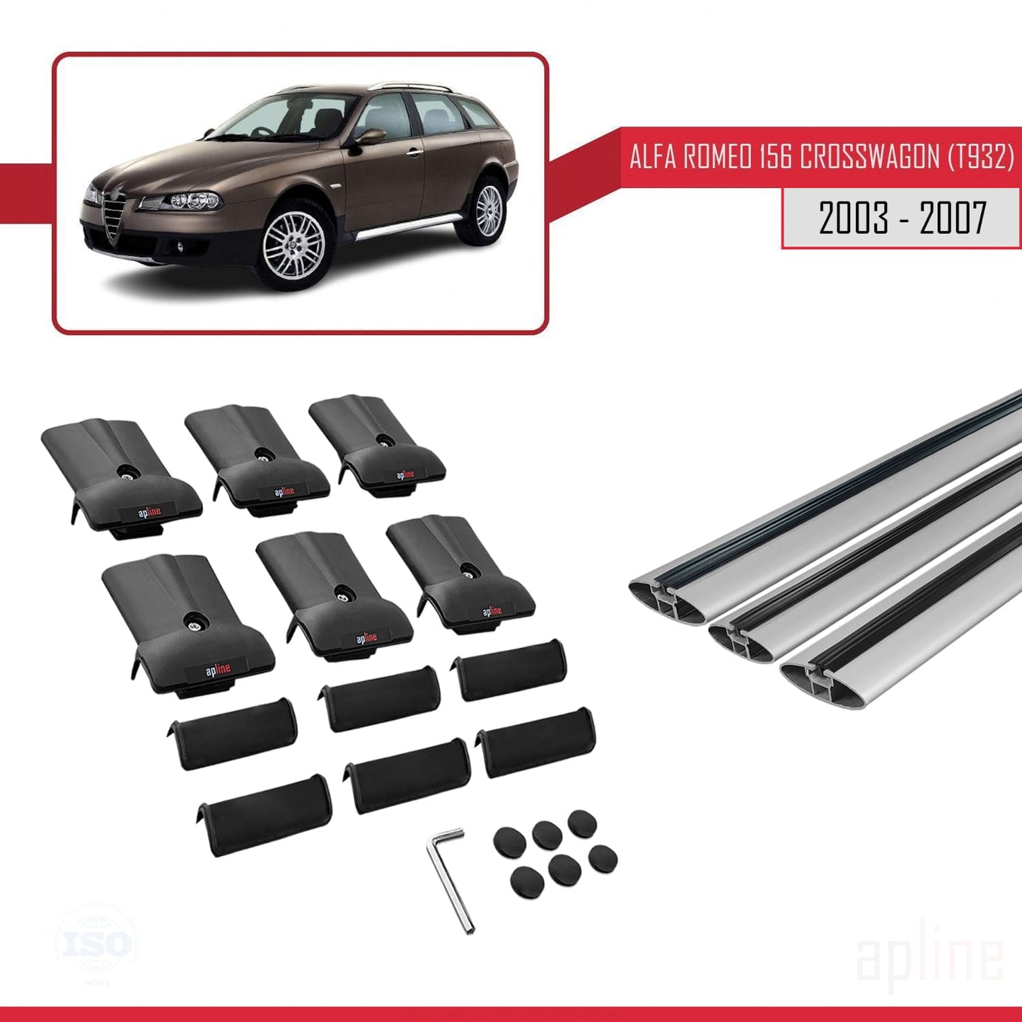 Compatible with Alfa Romeo 156 (T932) Crosswagon 2003-2007 FLY Model Car Roof Rack Cross Bar Grey Aluminium 3 Bars