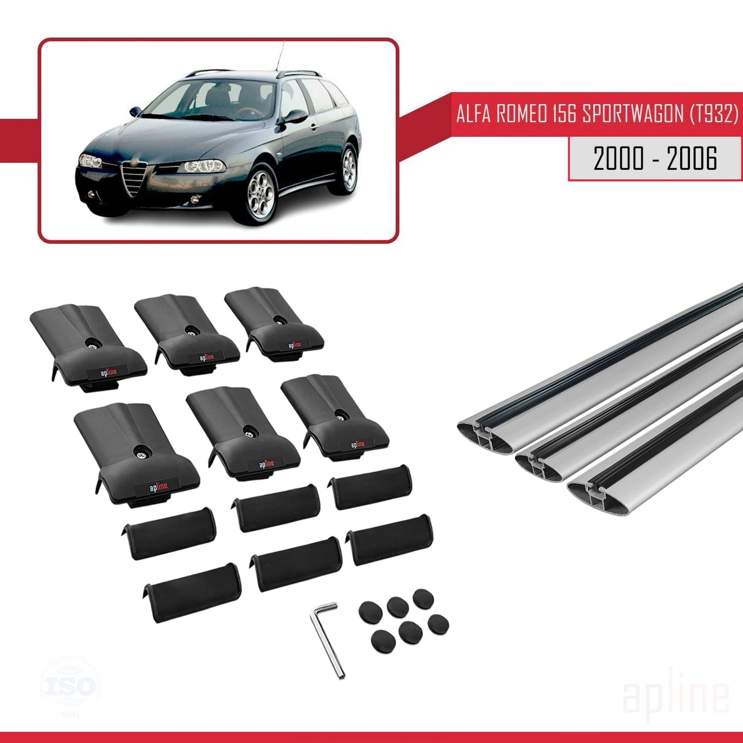 Compatible with Alfa Romeo 156 (T932) SW 2000-2006 FLY Model Car Roof Rack Cross Bar Grey Aluminium 3 Bars