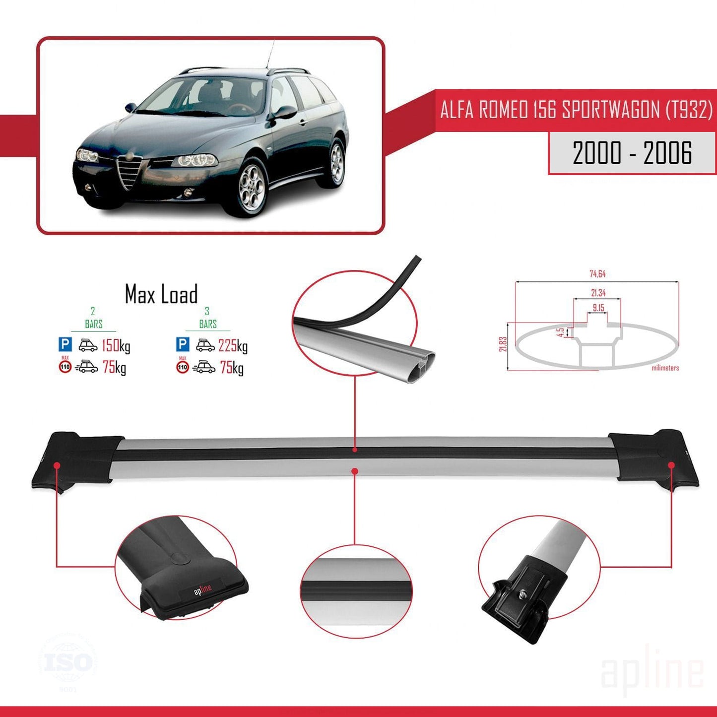 Compatible with Alfa Romeo 156 (T932) SW 2000-2006 FLY Model Car Roof Rack Cross Bar Grey Aluminium 2 Bars