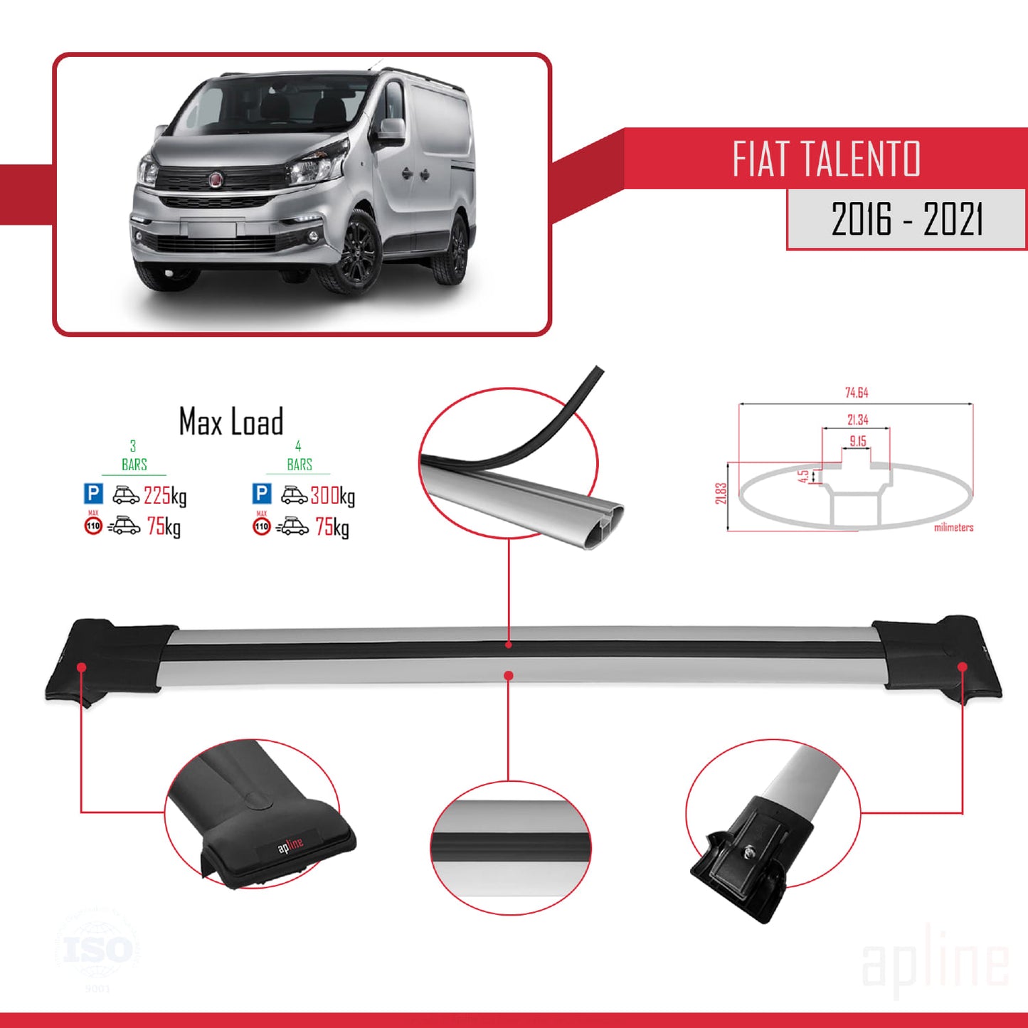 Compatible with Fiat Talento 2016-2021 FLY Model Car Roof Rack Cross Bar Grey Aluminium 3 Bars