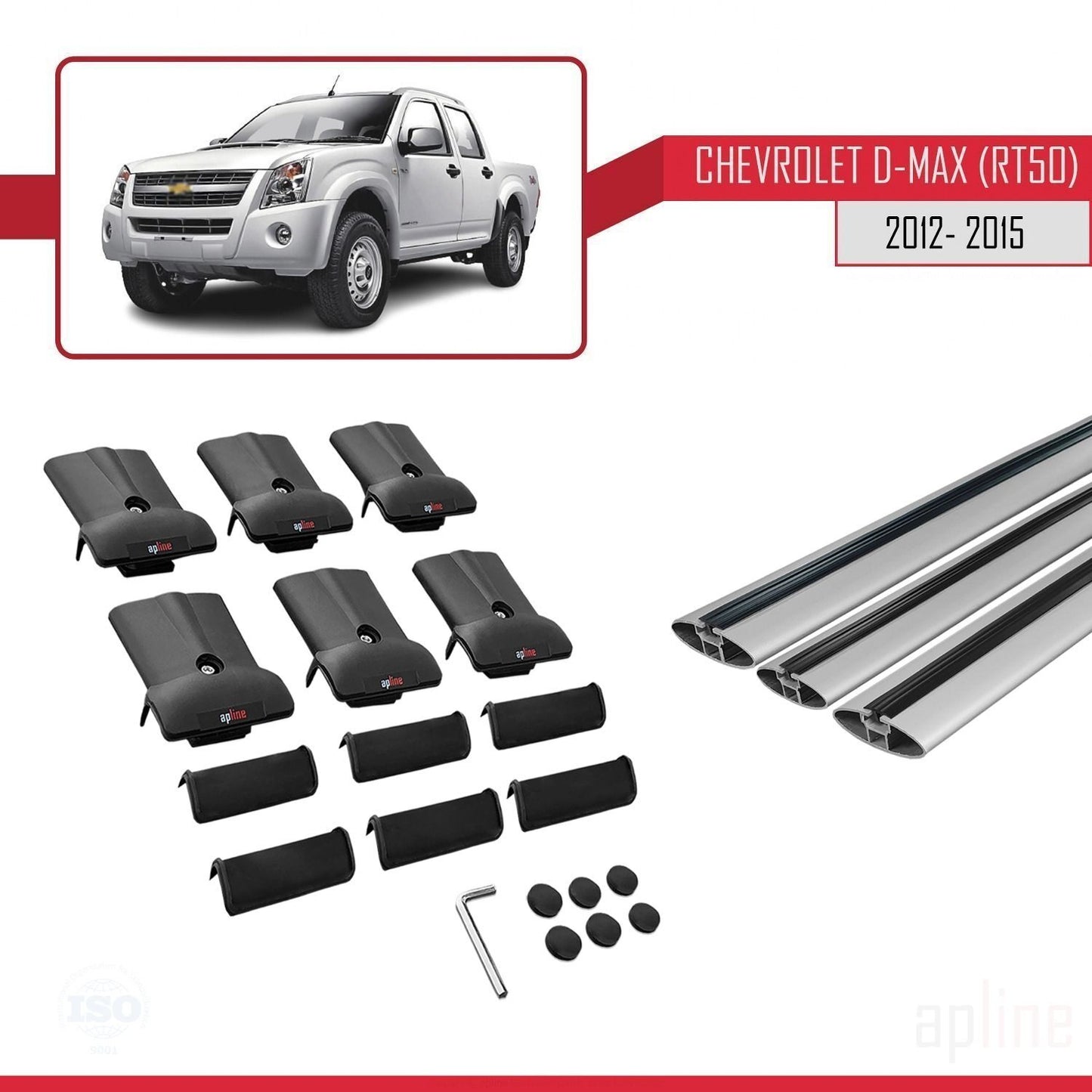 Compatible with Chevrolet D-Max (RT50) 2012-2015 FLY Model Car Roof Rack Cross Bar Grey Aluminium 3 Bars