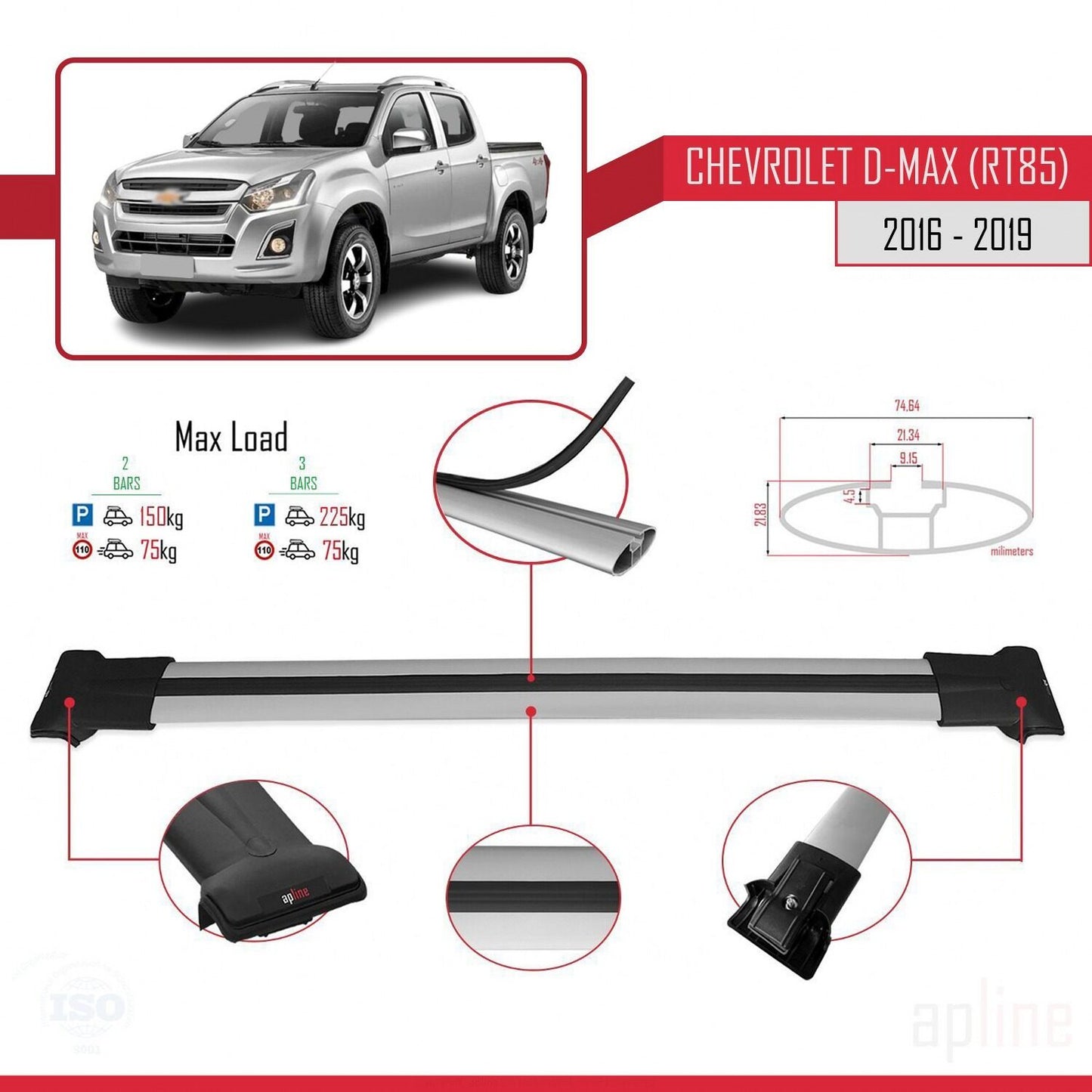 Compatible with Chevrolet D-Max (RT85) 2016-2019 FLY Model Car Roof Rack Cross Bar Grey Aluminium 2 Bars