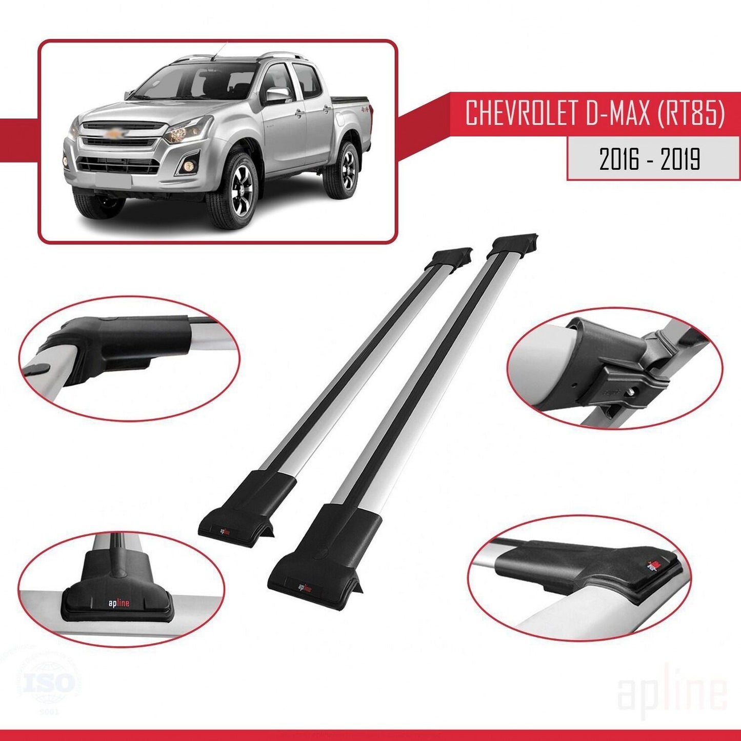 Compatible with Chevrolet D-Max (RT85) 2016-2019 FLY Model Car Roof Rack Cross Bar Grey Aluminium 2 Bars