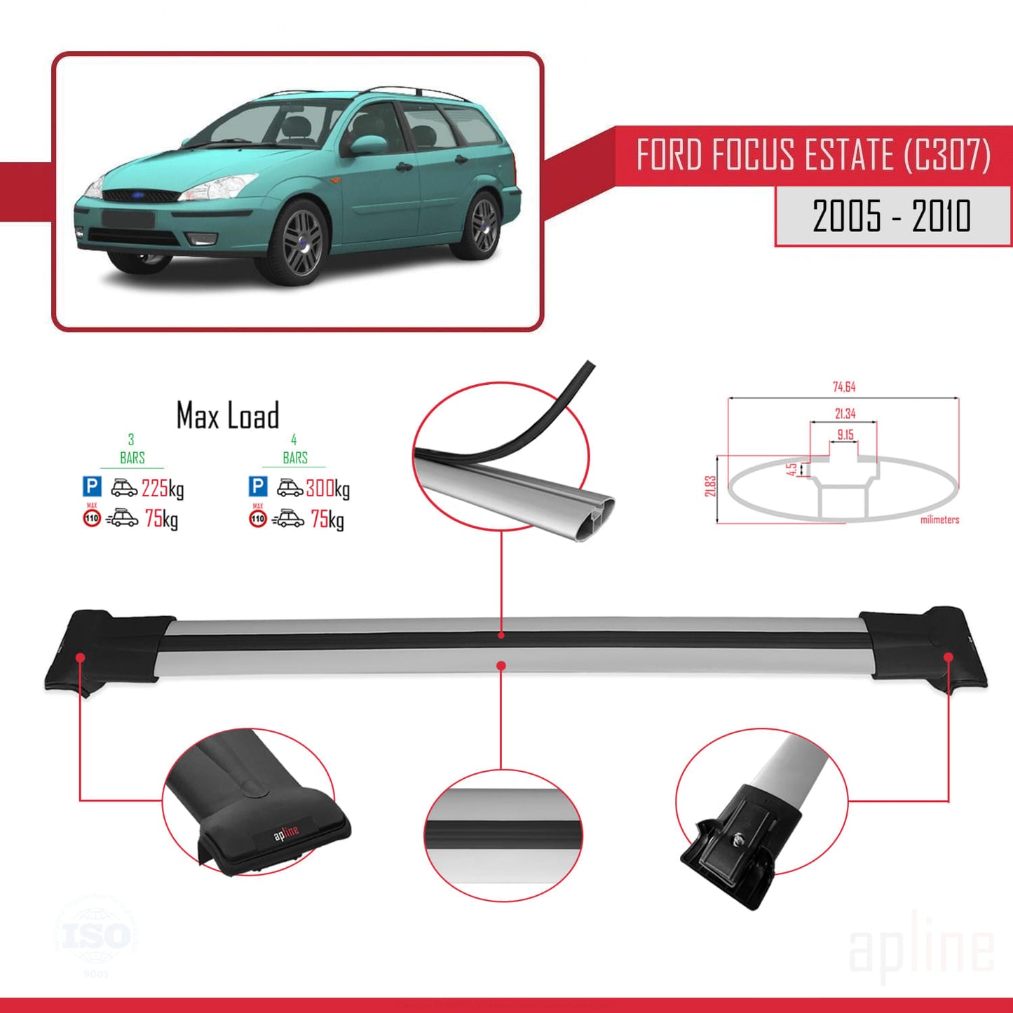 Compatible with Ford Focus 2 (C307) SW 2005-2010 FLY Model Car Roof Rack Cross Bar Grey Aluminium 3 Bars