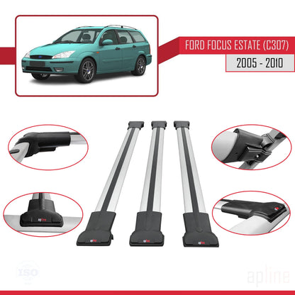 Compatible with Ford Focus 2 (C307) SW 2005-2010 FLY Model Car Roof Rack Cross Bar Grey Aluminium 3 Bars