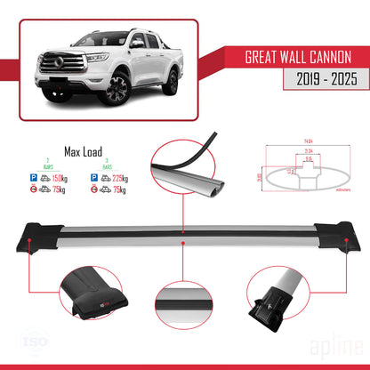 Compatible with Great Wall Cannon 2019-2025 FLY Model Car Roof Rack Cross Bar Grey Aluminium 2 Bars