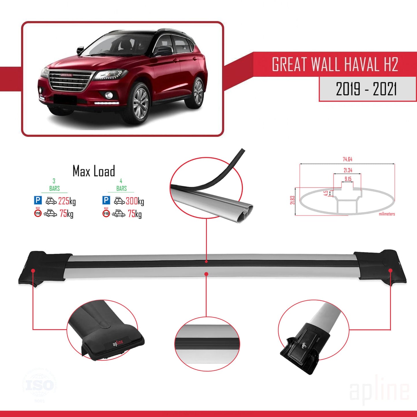 Compatible with Great Wall Haval H2 2019-2021 FLY Model Car Roof Rack Cross Bar Grey Aluminium 3 Bars