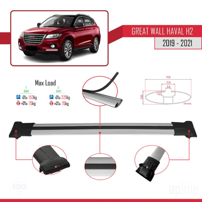 Compatible with Great Wall Haval H2 2019-2021 FLY Model Car Roof Rack Cross Bar Grey Aluminium 2 Bars
