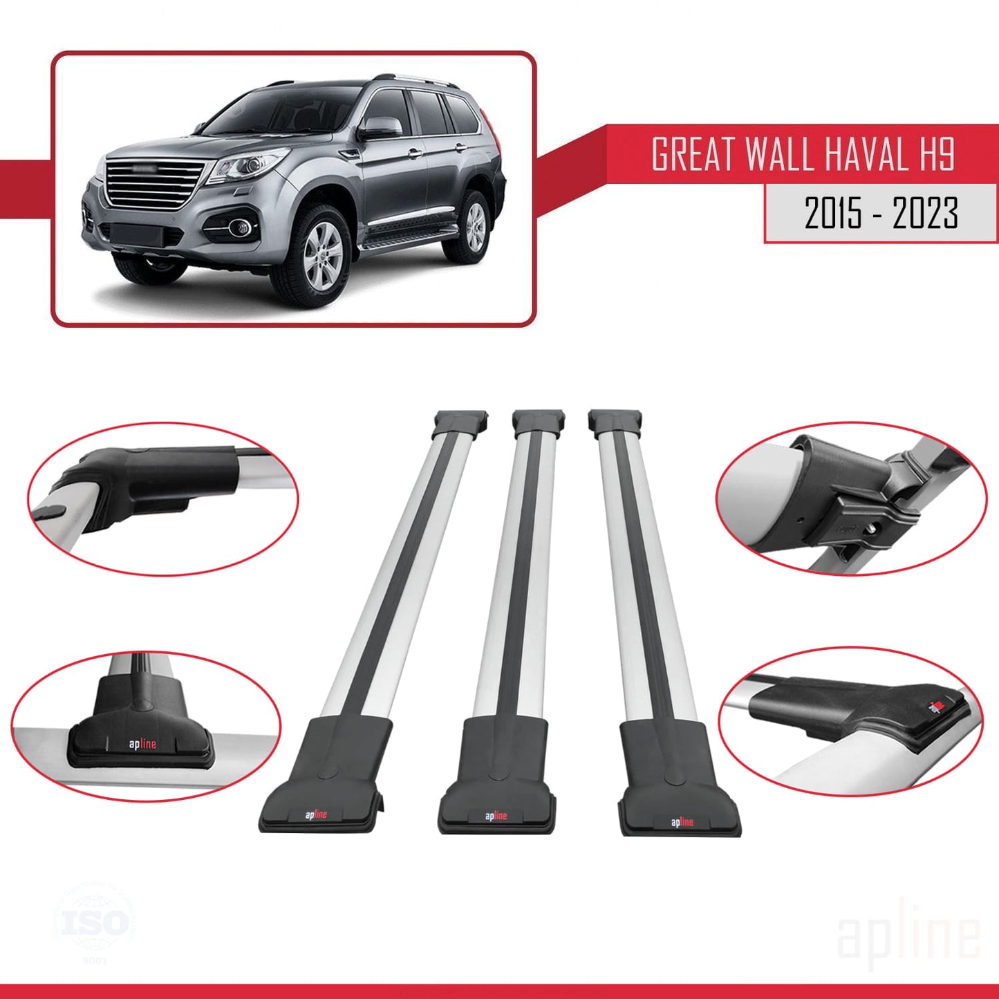 Compatible with Great Wall Haval H9 2015-2023 FLY Model Car Roof Rack Cross Bar Grey Aluminium 3 Bars