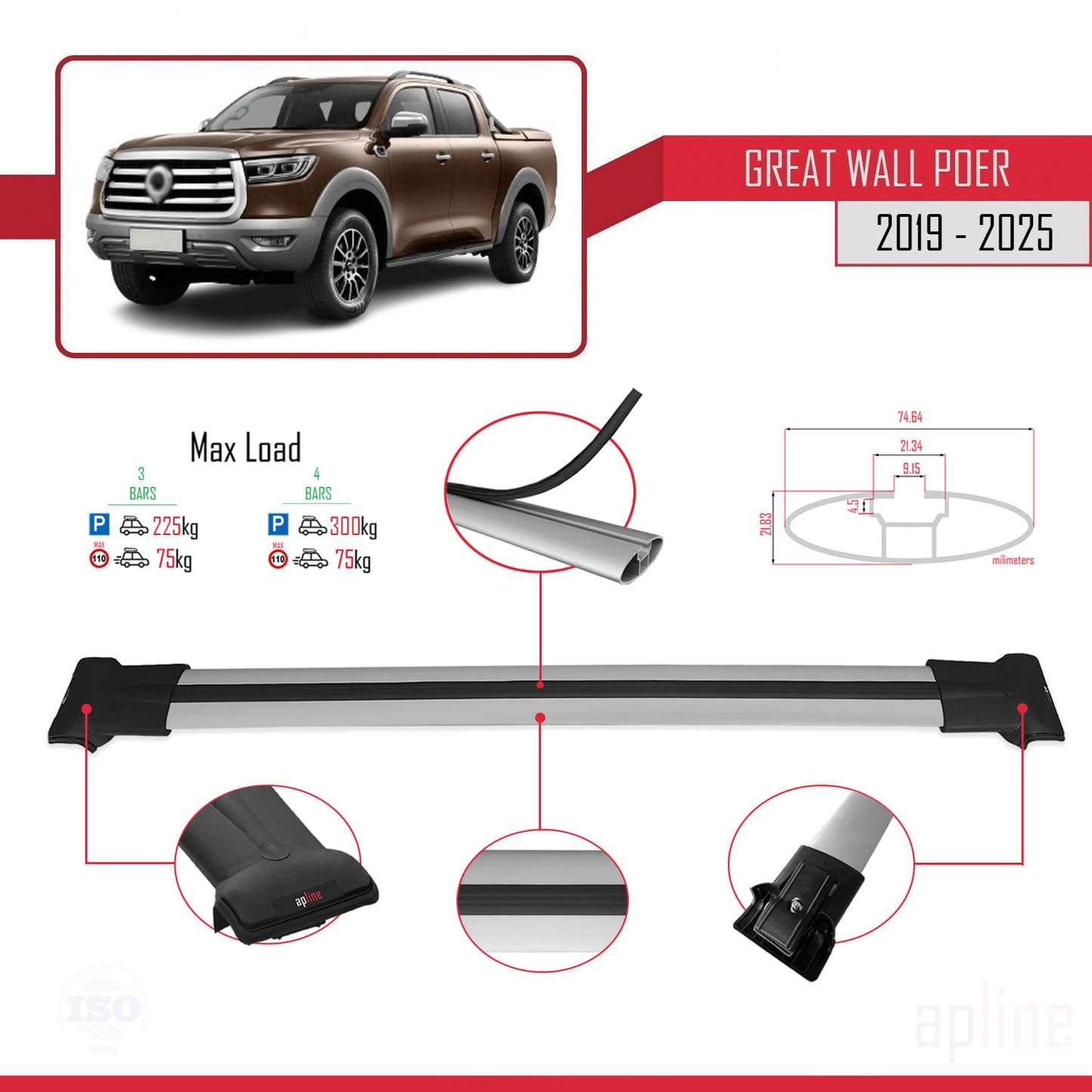 Compatible with Great Wall Poer 2019-2025 FLY Model Car Roof Rack Cross Bar Grey Aluminium 3 Bars