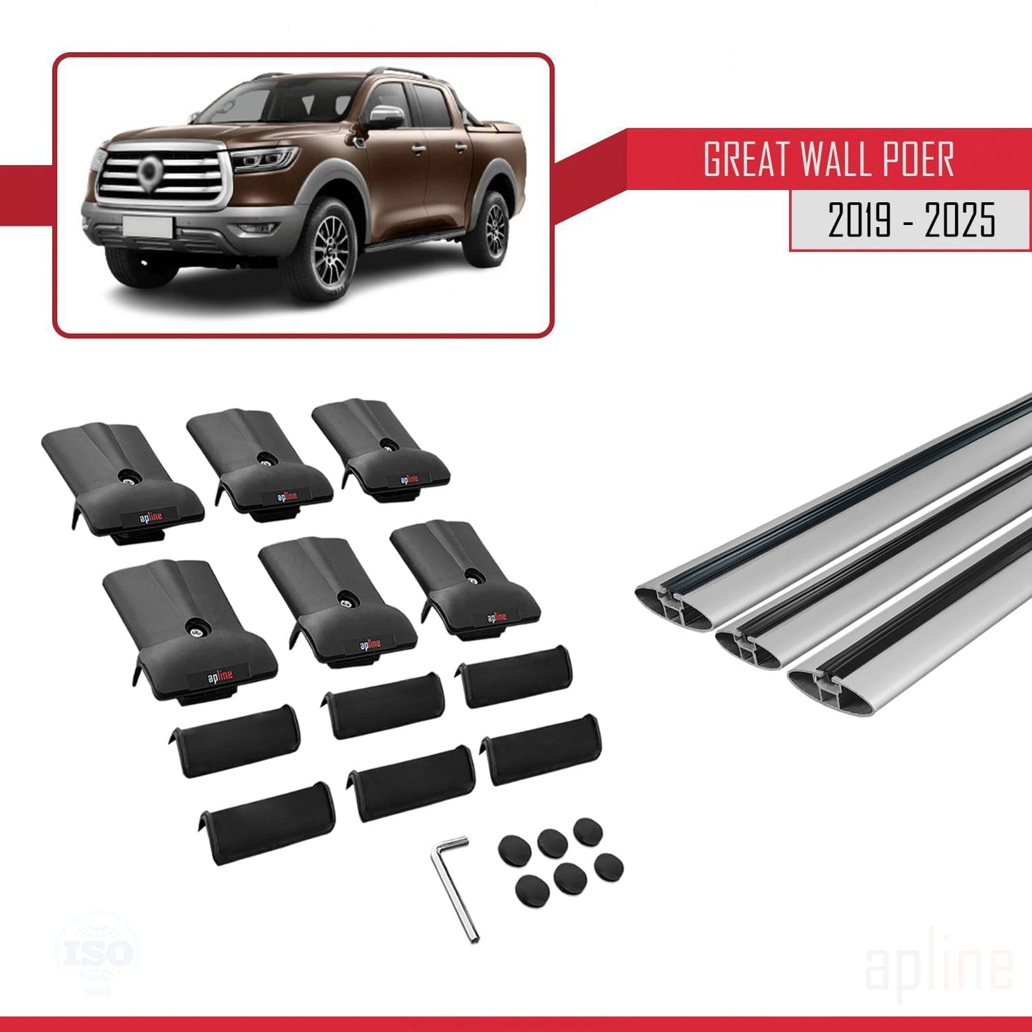 Compatible with Great Wall Poer 2019-2025 FLY Model Car Roof Rack Cross Bar Grey Aluminium 3 Bars