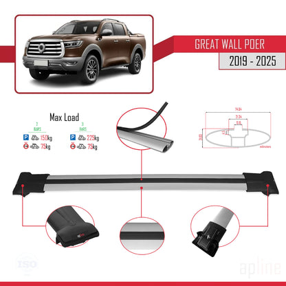 Compatible with Great Wall Poer 2019-2025 FLY Model Car Roof Rack Cross Bar Grey Aluminium 2 Bars