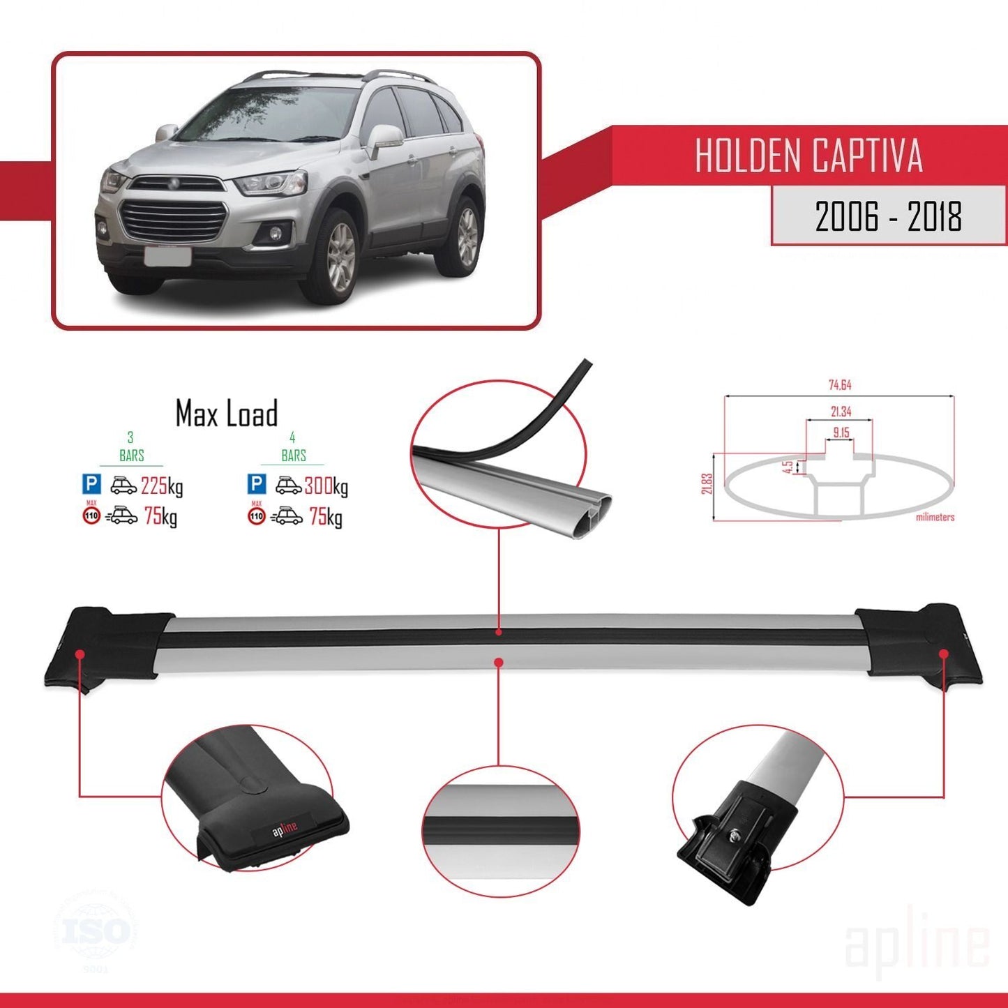 Compatible with Holden Captiva 2006-2018 FLY Model Car Roof Rack Cross Bar Grey Aluminium 3 Bars