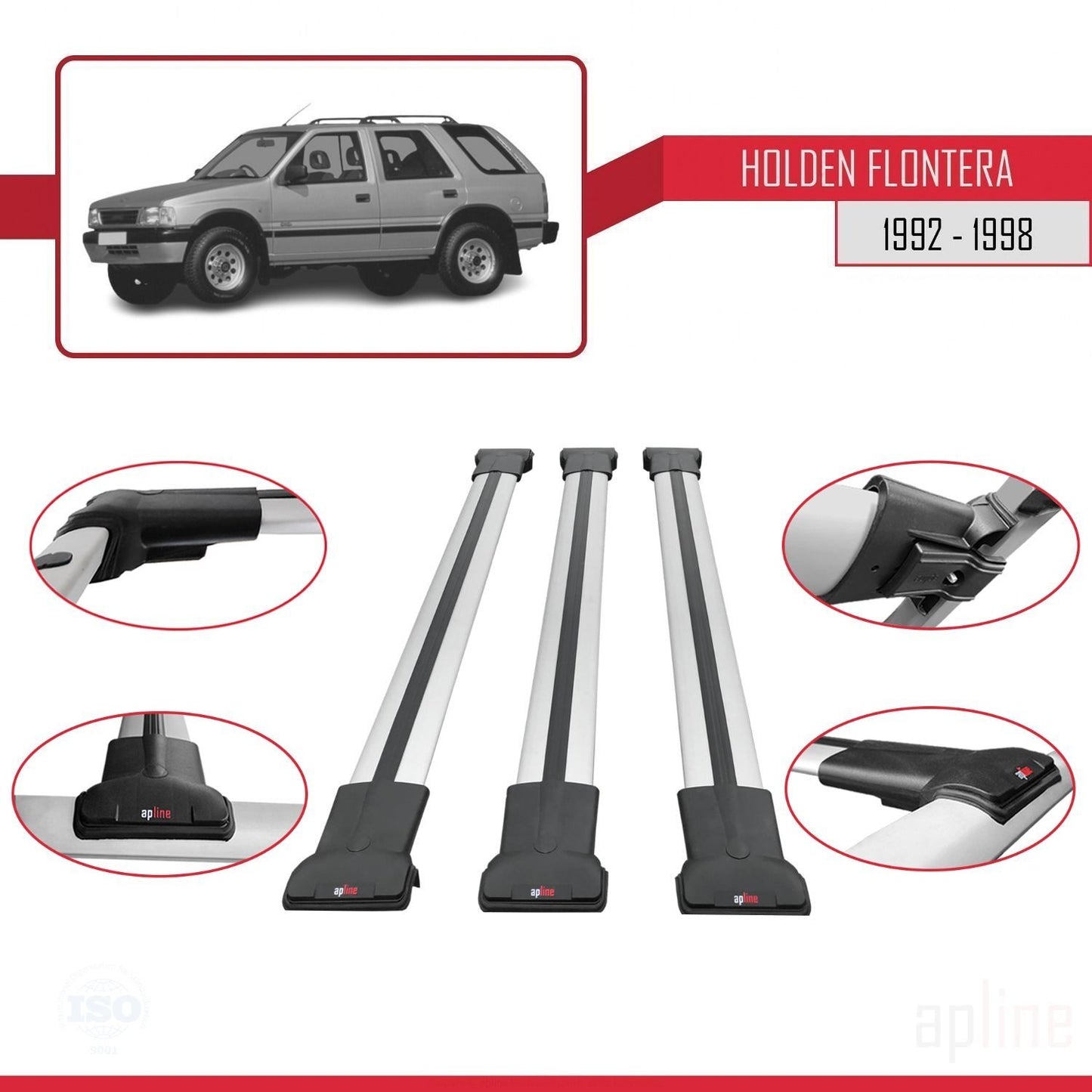 Compatible with Holden Frontera 1992-1998 FLY Model Car Roof Rack Cross Bar Grey Aluminium 3 Bars