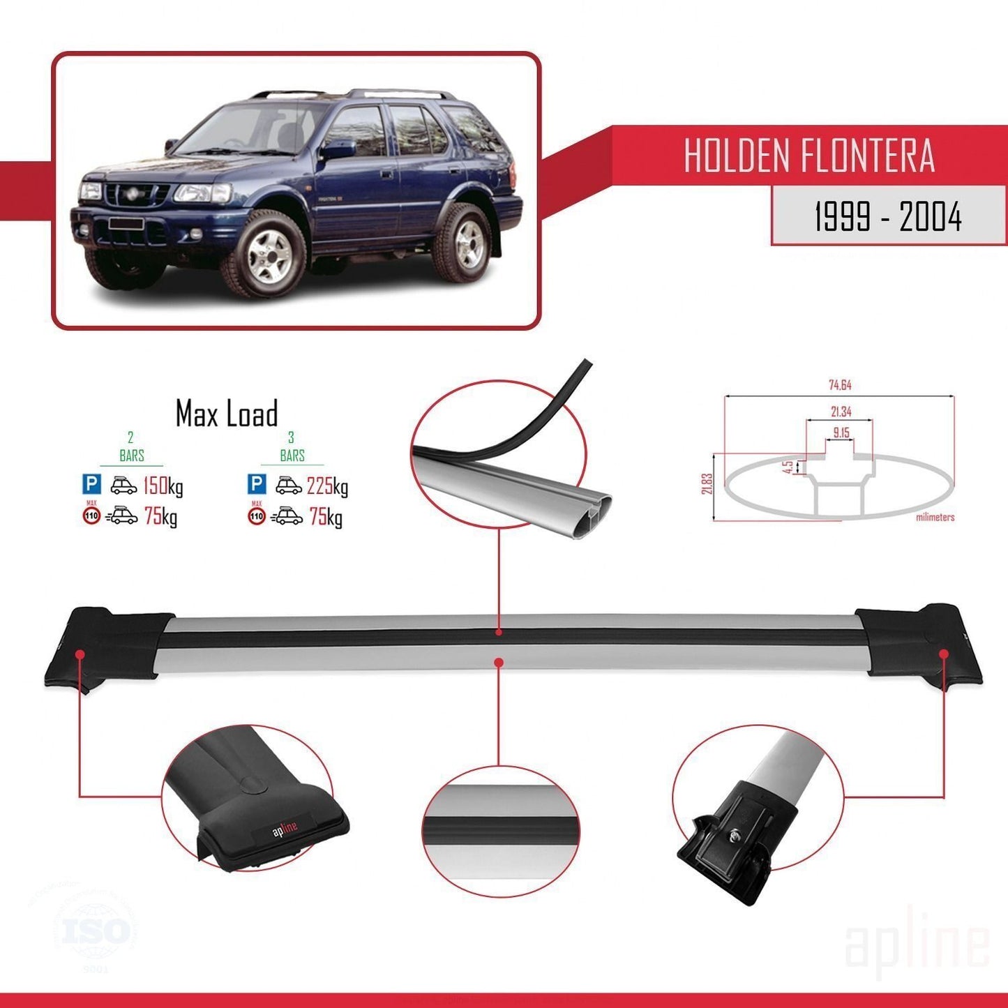 Compatible with Holden Frontera 2 1999-2004 FLY Model Car Roof Rack Cross Bar Grey Aluminium 2 Bars