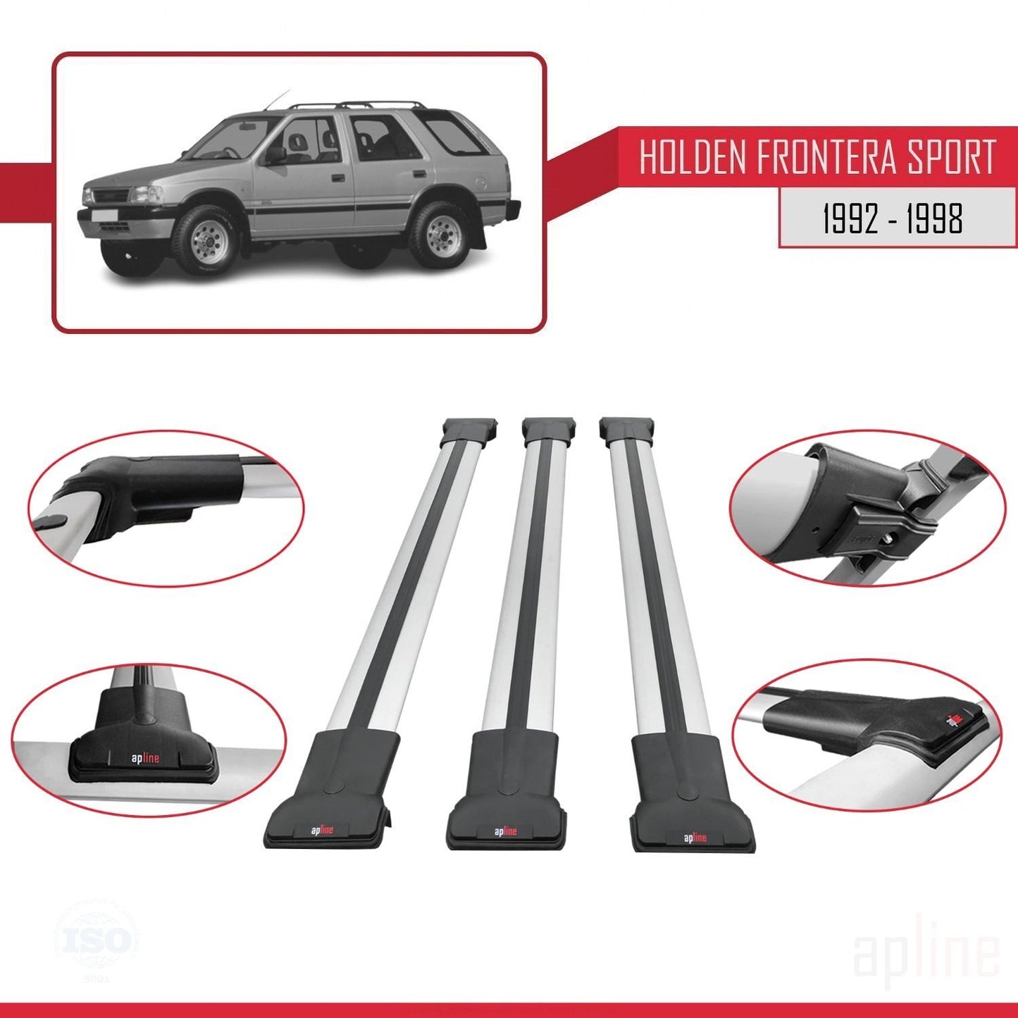 Compatible with Holden Frontera Sport 1992-1998 FLY Model Car Roof Rack Cross Bar Grey Aluminium 3 Bars