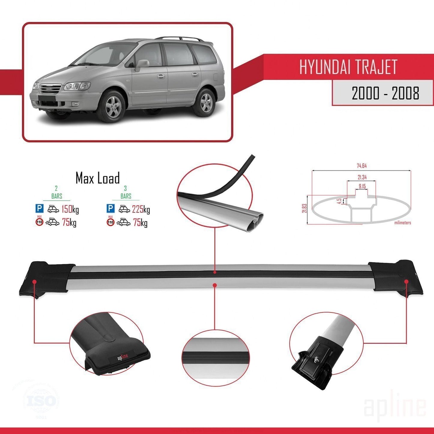 Compatible with Hyundai Trajet 2000-2008 FLY Model Car Roof Rack Cross Bar Grey Aluminium 2 Bars