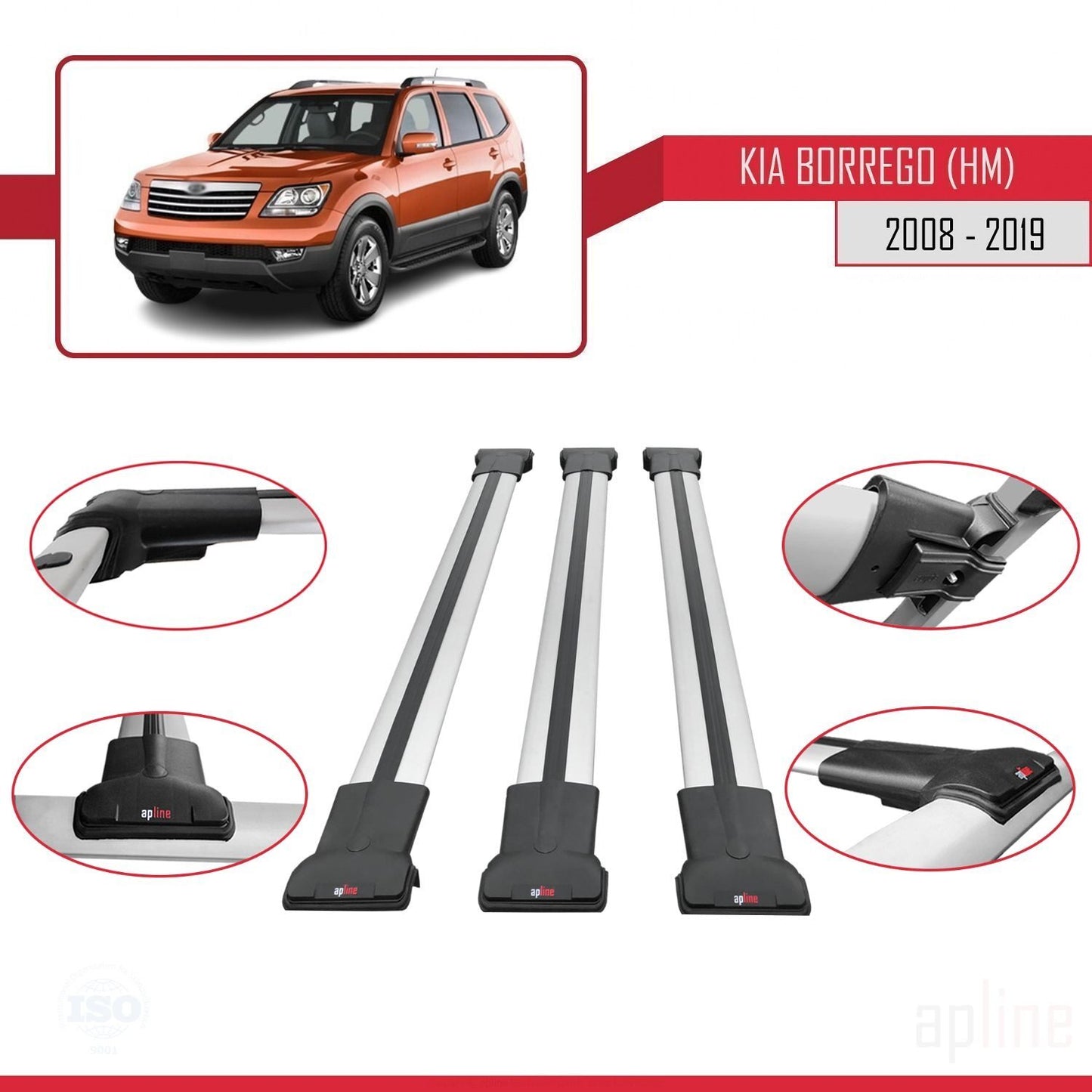 Compatible with Kia Borrego (HM) 2008-2019 FLY Model Car Roof Rack Cross Bar Grey Aluminium 3 Bars