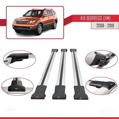 Compatible with Kia Borrego (HM) 2008-2019 FLY Model Car Roof Rack Cross Bar Grey Aluminium 3 Bars