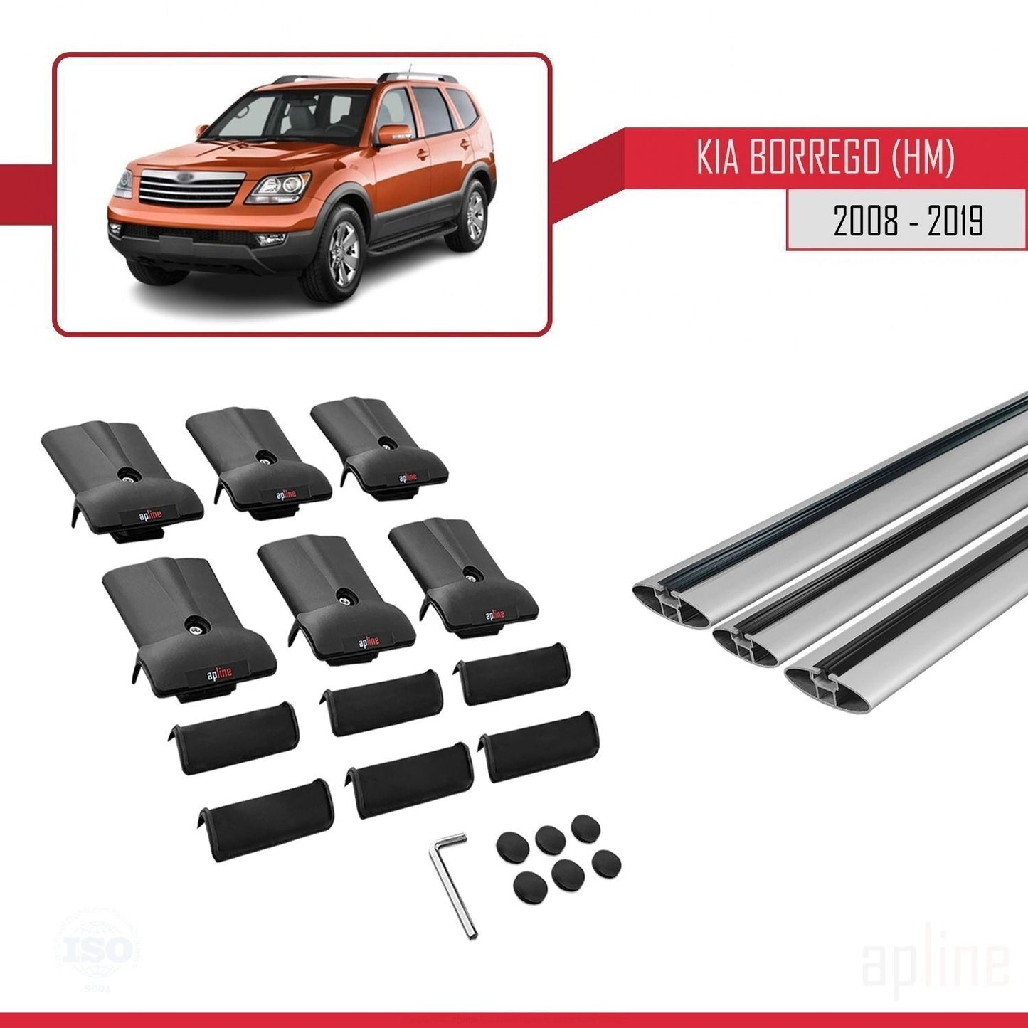 Compatible with Kia Borrego (HM) 2008-2019 FLY Model Car Roof Rack Cross Bar Grey Aluminium 3 Bars
