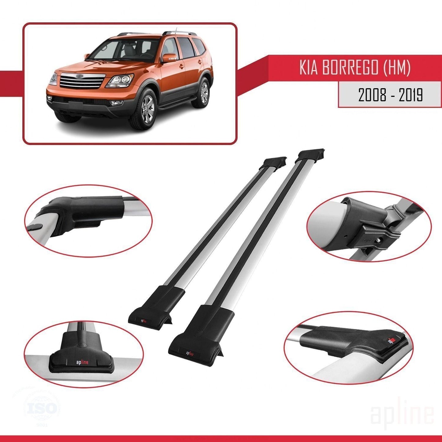 Compatible with Kia Borrego (HM) 2008-2019 FLY Model Car Roof Rack Cross Bar Grey Aluminium 2 Bars