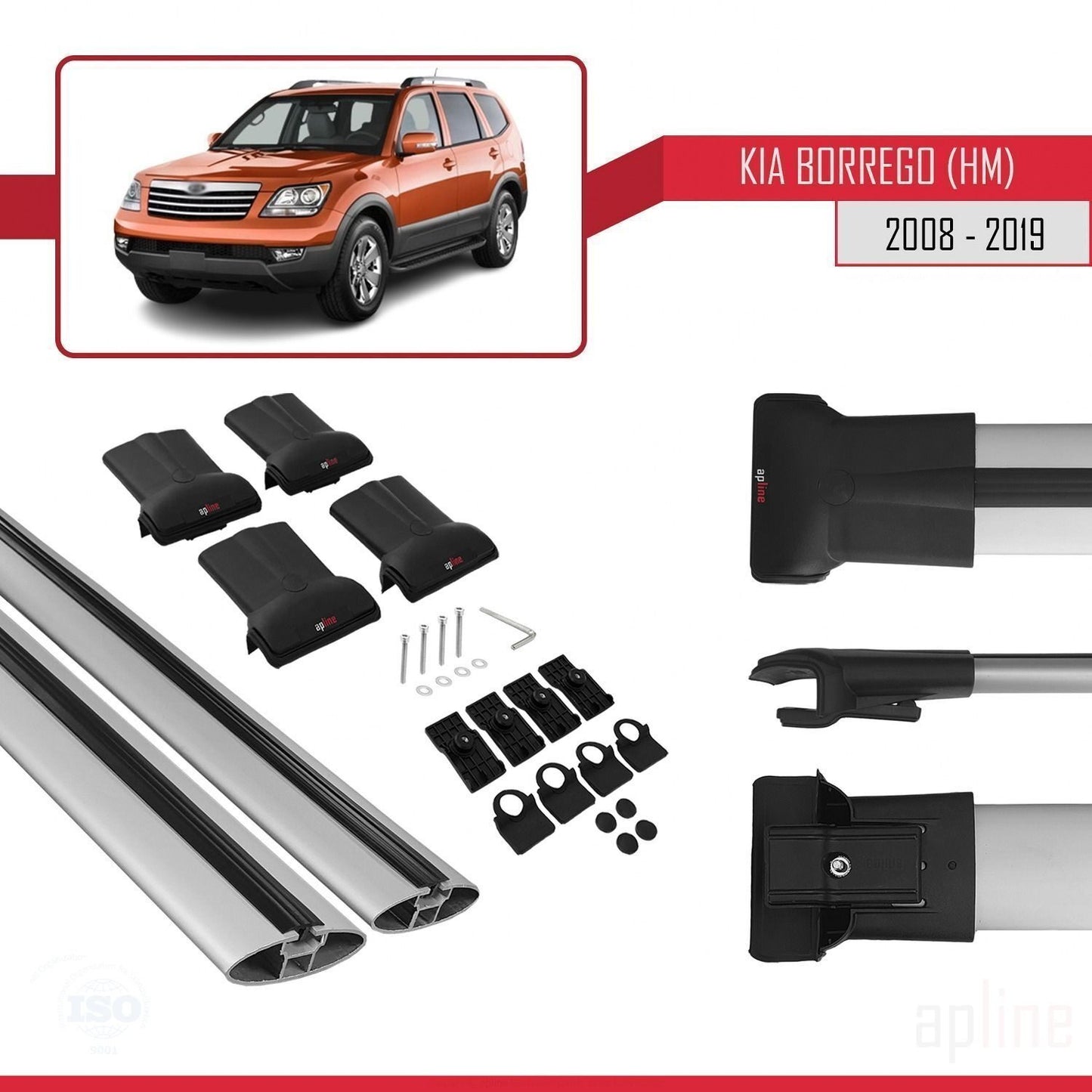 Compatible with Kia Borrego (HM) 2008-2019 FLY Model Car Roof Rack Cross Bar Grey Aluminium 2 Bars