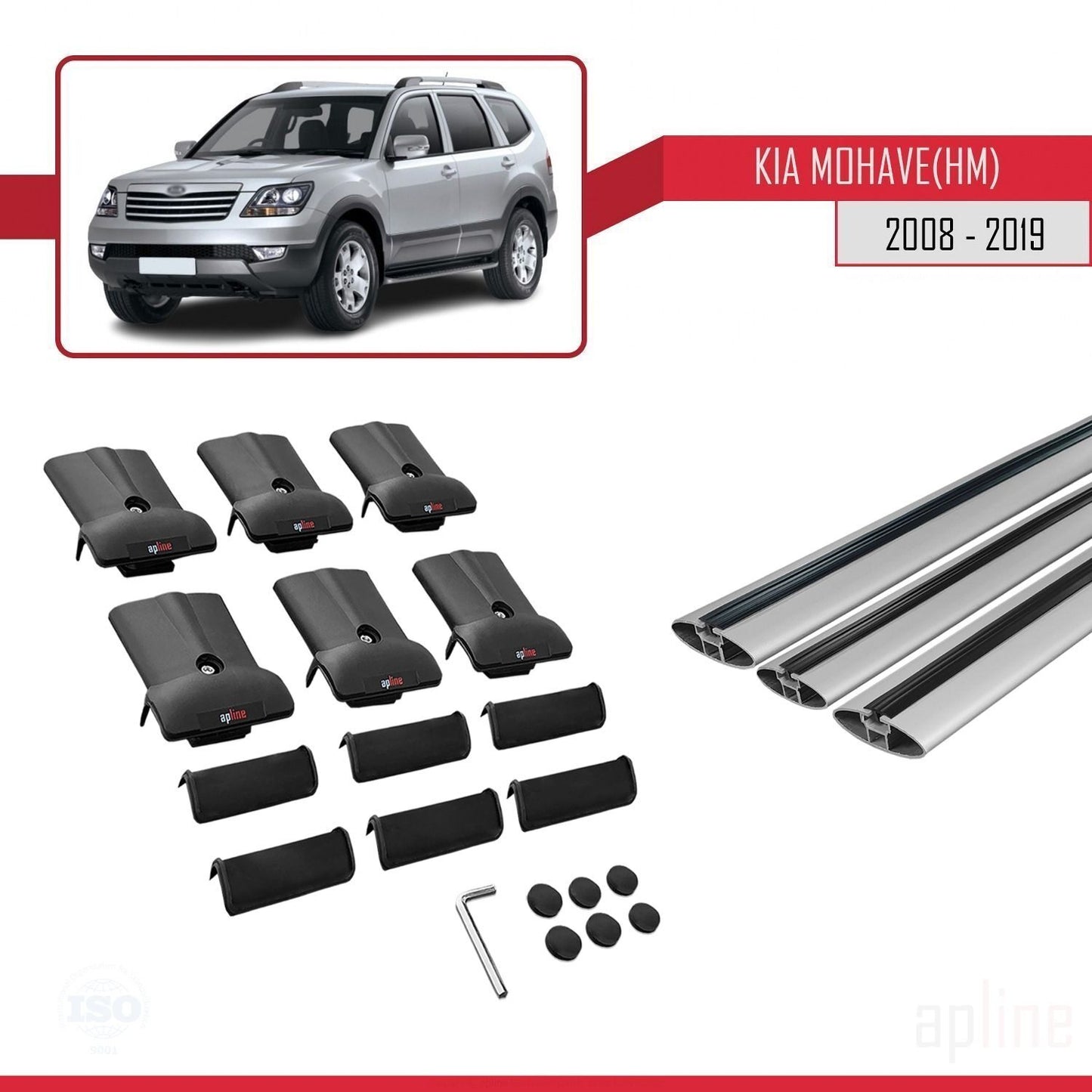 Compatible with Kia Mohave (HM) 2008-2019 FLY Model Car Roof Rack Cross Bar Grey Aluminium 3 Bars