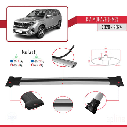 Compatible with Kia Mohave 2 (HM2) 2020-2024 FLY Model Car Roof Rack Cross Bar Grey Aluminium 2 Bars