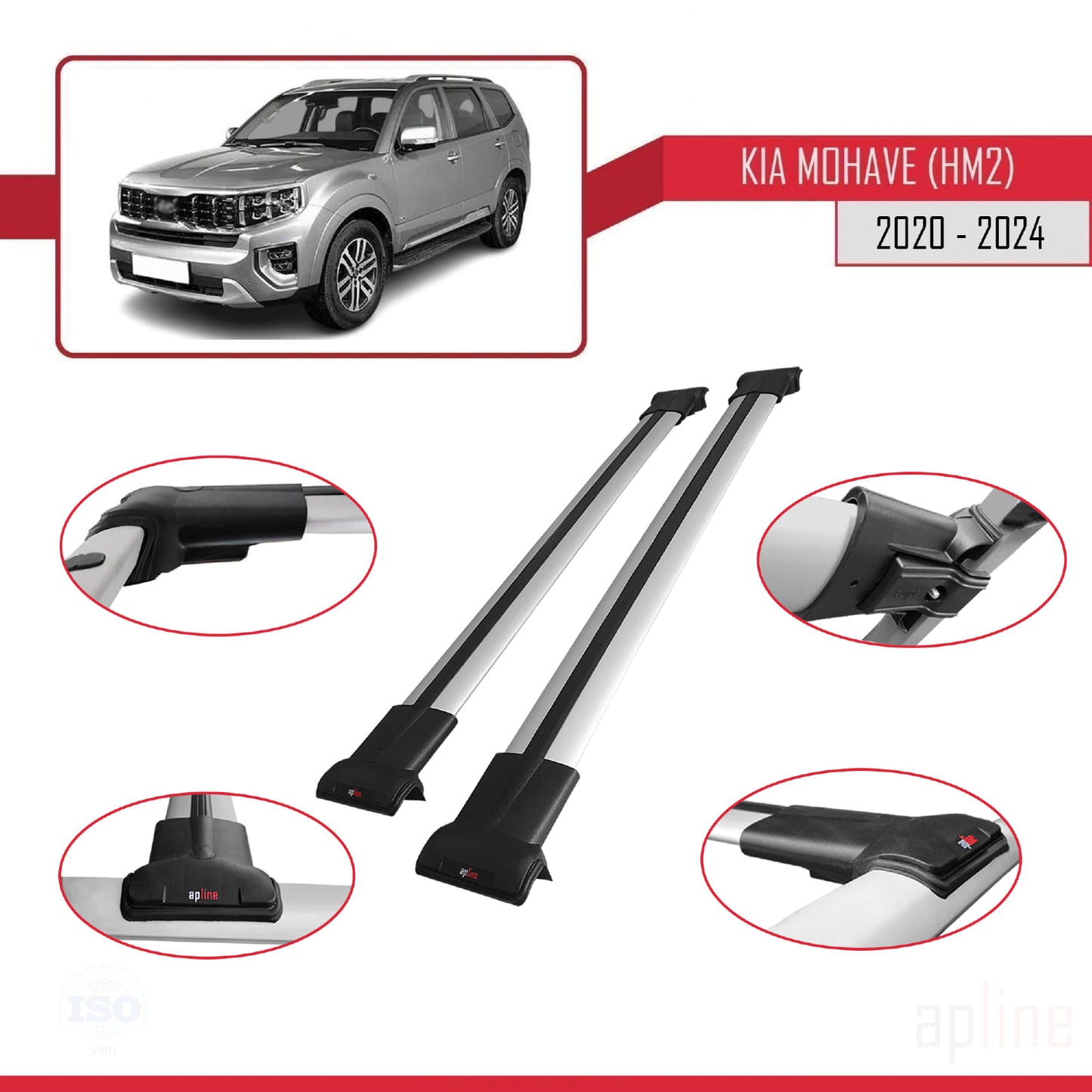 Compatible with Kia Mohave 2 (HM2) 2020-2024 FLY Model Car Roof Rack Cross Bar Grey Aluminium 2 Bars