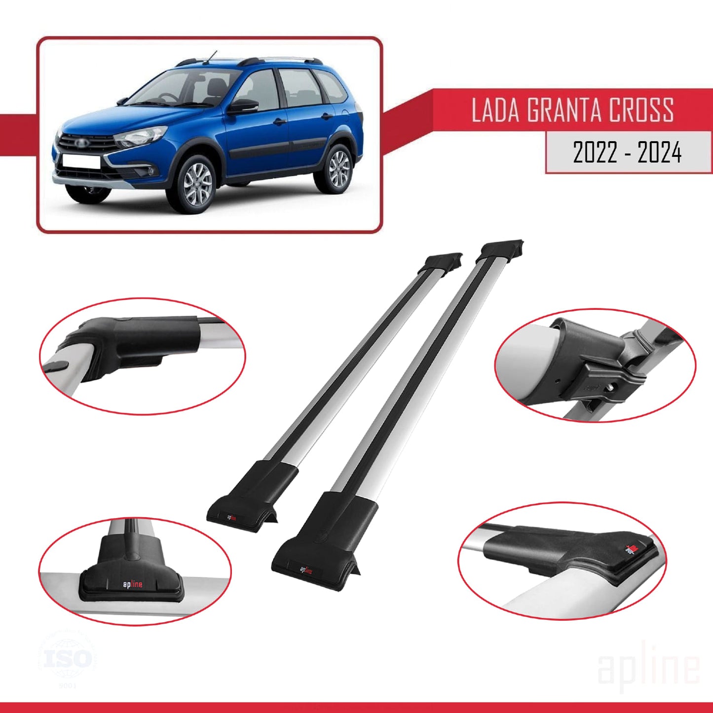Compatible with Lada Granta Cross 2022-2024 FLY Model Car Roof Rack Cross Bar Grey Aluminium 2 Bars