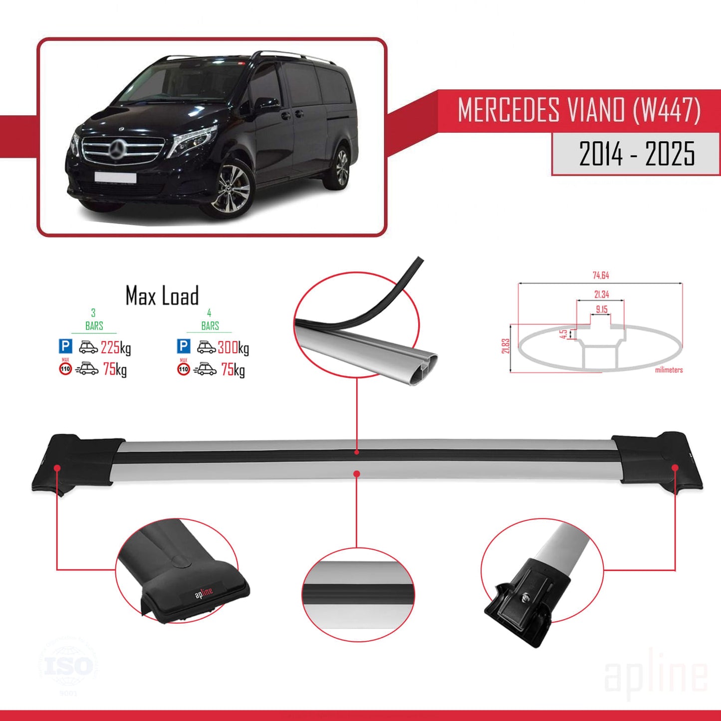 Compatible with Mercedes Viano 3 (W447) 2014-2025 FLY Model Car Roof Rack Cross Bar Grey Aluminium 3 Bars