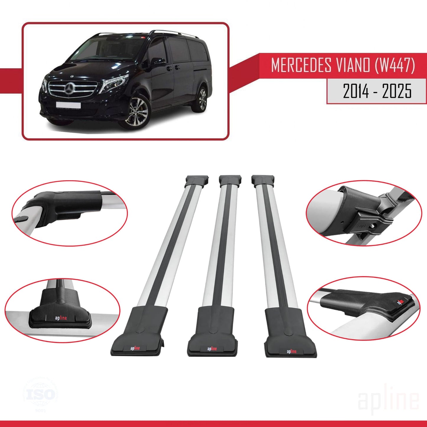 Compatible with Mercedes Viano 3 (W447) 2014-2025 FLY Model Car Roof Rack Cross Bar Grey Aluminium 3 Bars