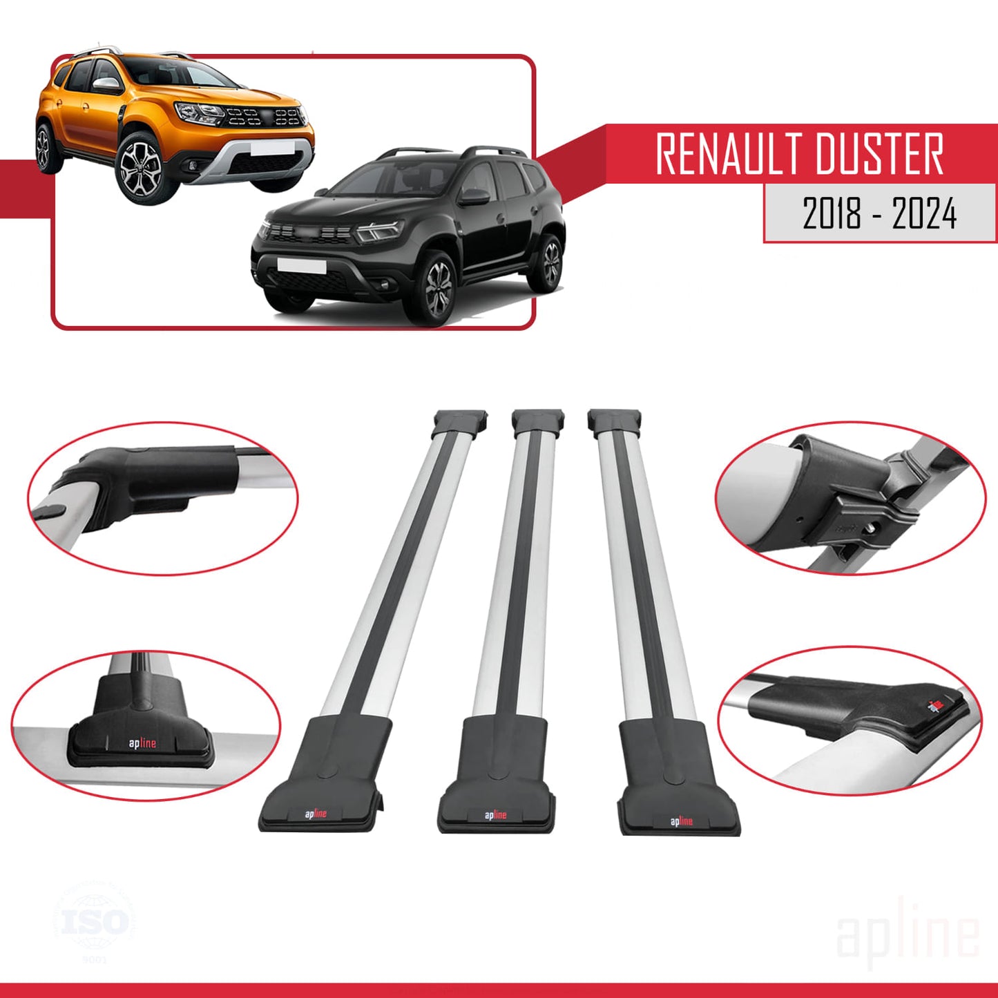 Compatible with Renault Duster 2 (HM) 2018-2024 FLY Model Car Roof Rack Cross Bar Grey Aluminium 3 Bars